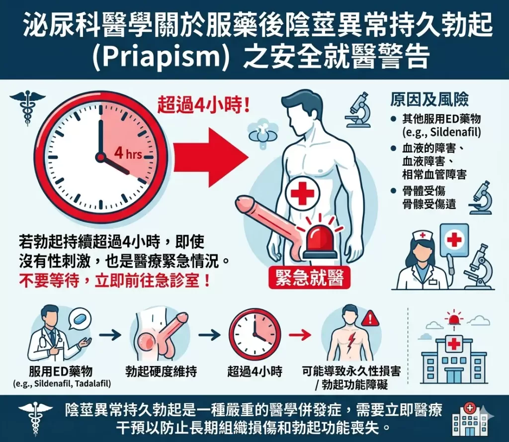 泌尿科醫學關於服藥後陰莖異常持久勃起超過4小時之安全就醫警告
