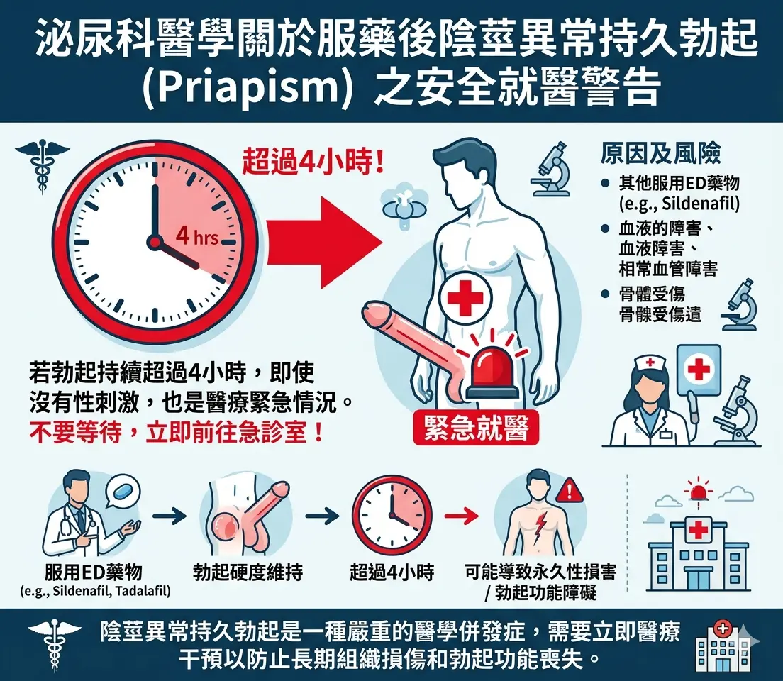 泌尿科醫學關於服藥後陰莖異常持久勃起超過4小時之安全就醫警告