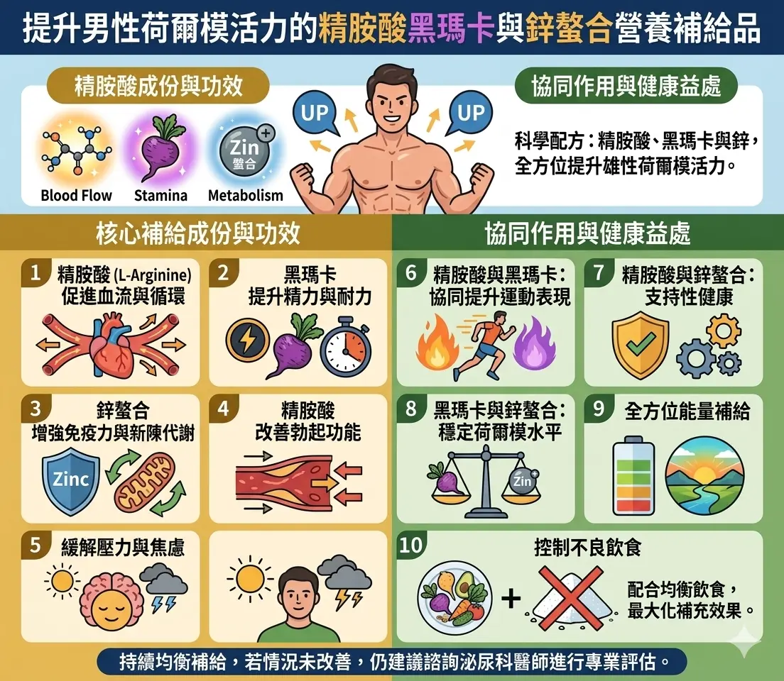 提升男性荷爾模活力的精胺酸黑瑪卡與鋅螯合營養補給品