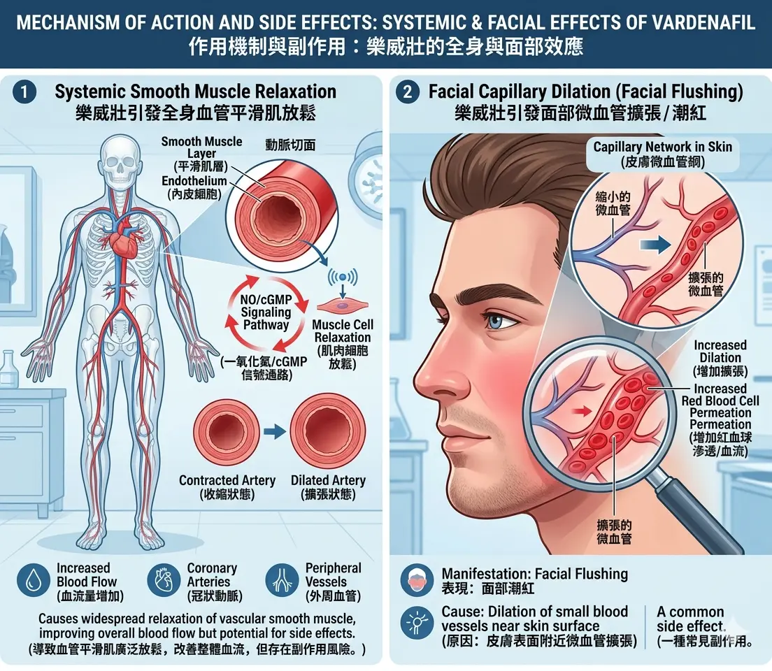 樂威壯引發全身血管平滑肌放鬆與面部微血管擴張示意圖