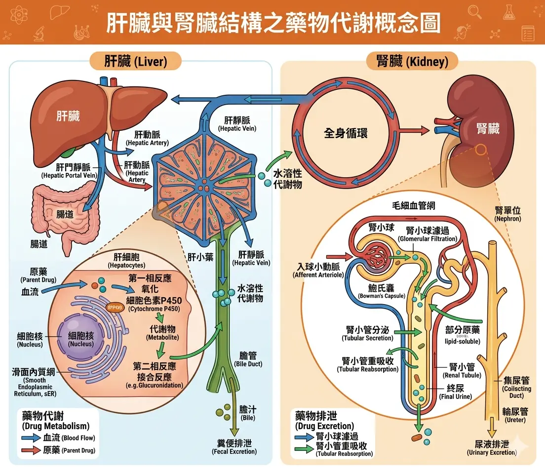 樂威壯伐地那非主要經由肝臟CYP3A4代謝並通過糞便排出不傷腎臟機製圖