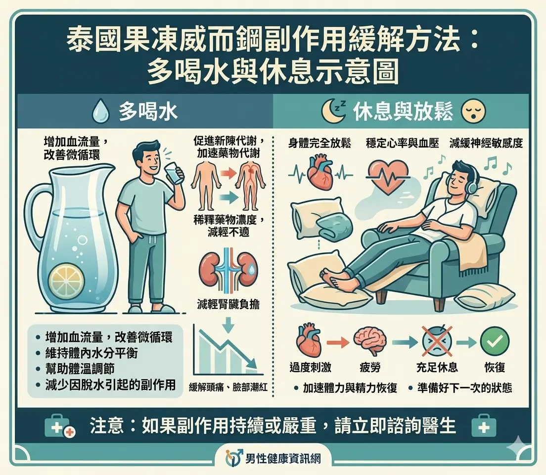 泰國果凍威而鋼副作用緩解方法：多喝水與休息示意圖