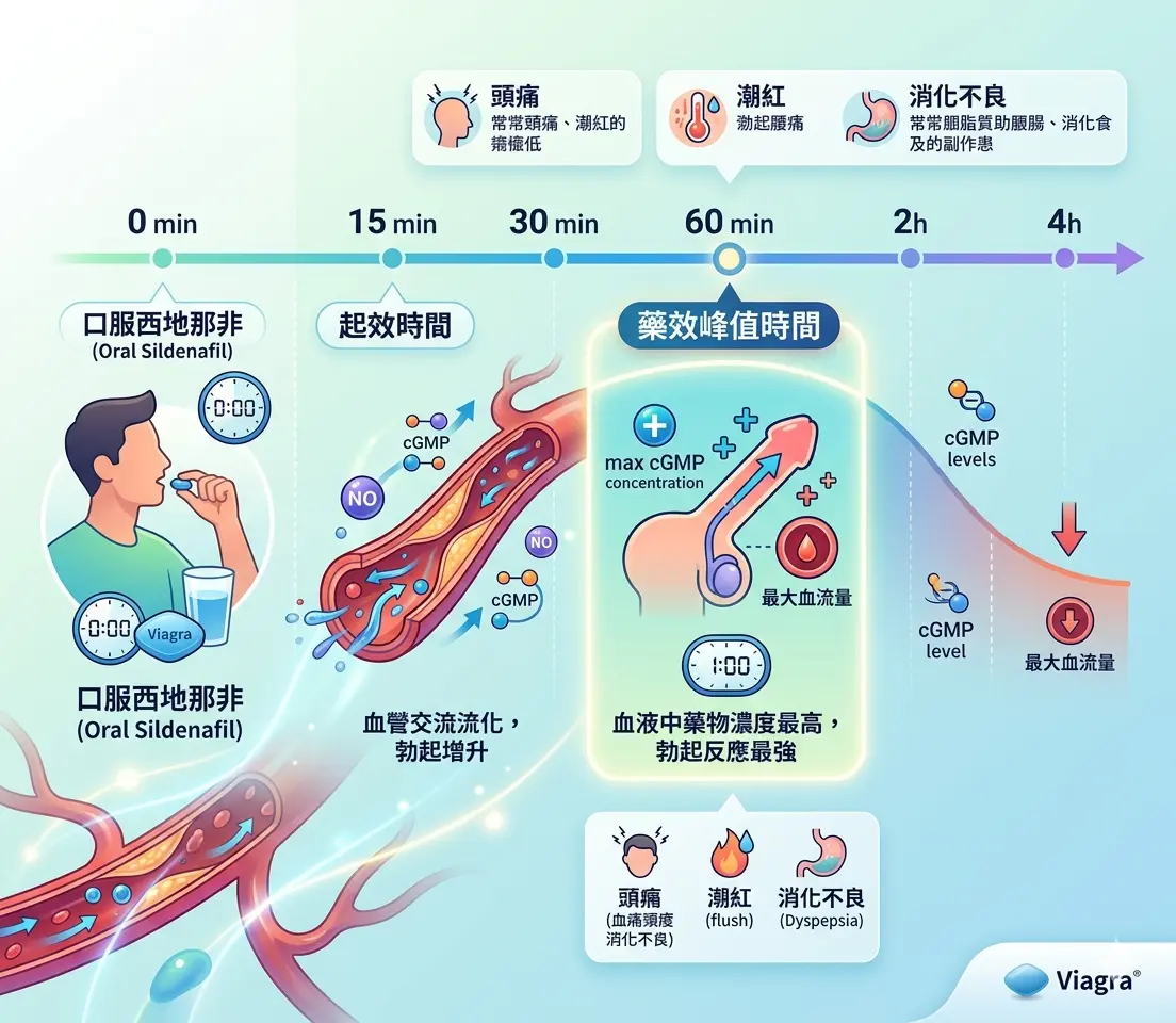 口服威而鋼西地那非後15分鐘起效、60分鐘達到藥效峰值之時間軸示意圖