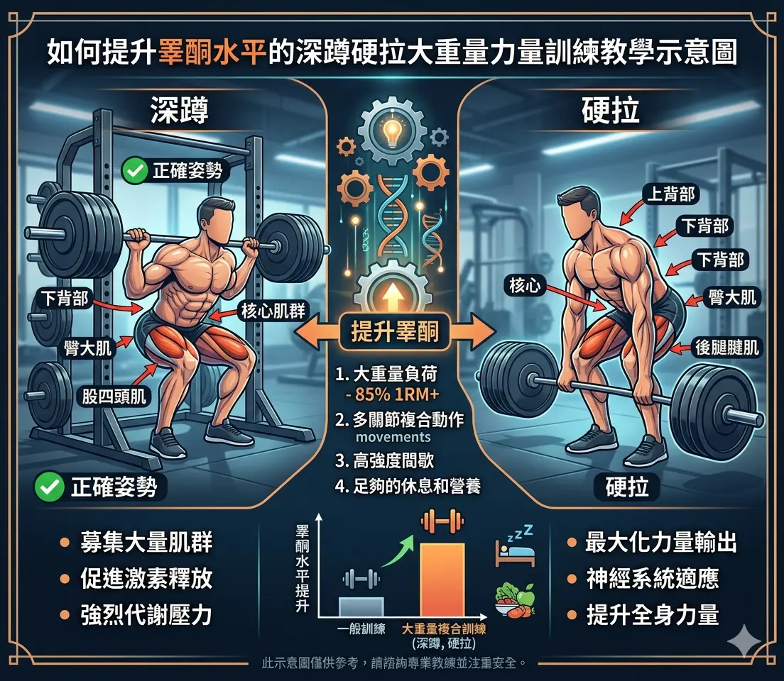 如何提升睪酮水平的深蹲硬拉大重量力量訓練教學示意圖