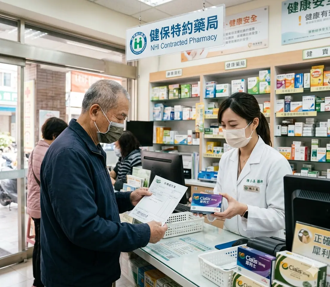 患者持自費處方箋前往臺灣實體健保特約藥局購買正品犀利士規避假藥風險