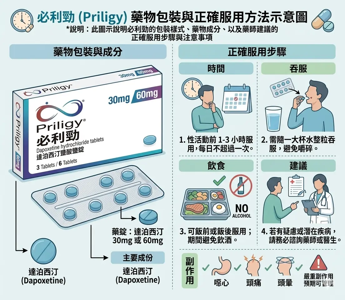 必利勁(Priligy)藥物包裝與正確服用方法示意圖