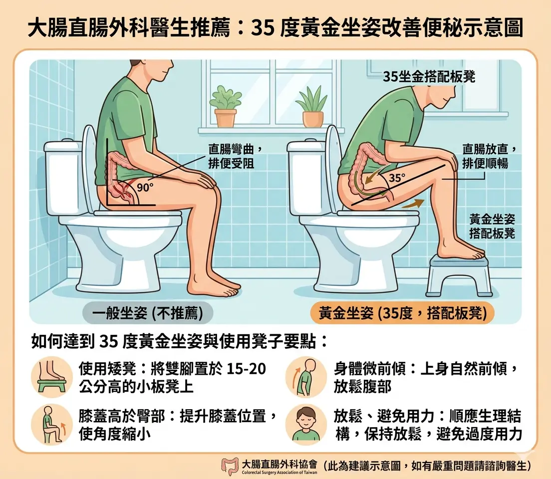 大腸直腸外科醫生推薦的改善便秘 35 度黃金坐姿與凳子使用示意圖