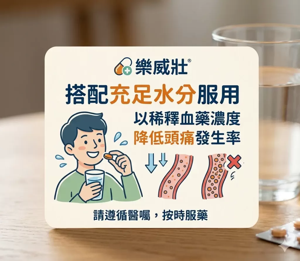 搭配充足水分服用樂威壯以稀釋血藥濃度降低頭痛發生率