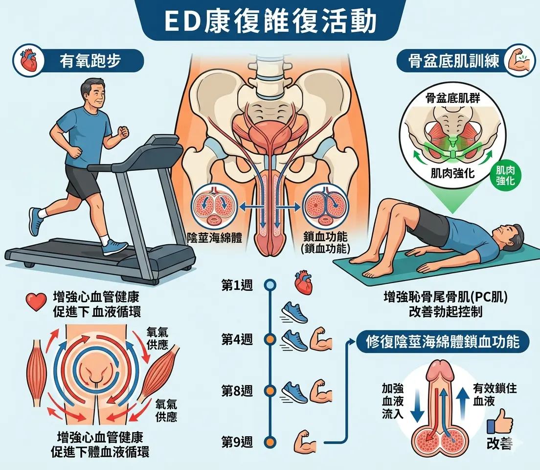 ED患者透過有氧跑步與骨盆底肌訓練修復陰莖海綿體鎖血功能