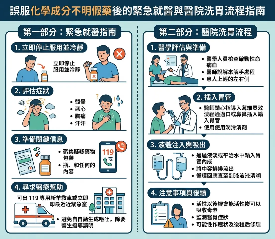 誤服化學成分不明假藥後的緊急就醫與醫院洗胃流程指南