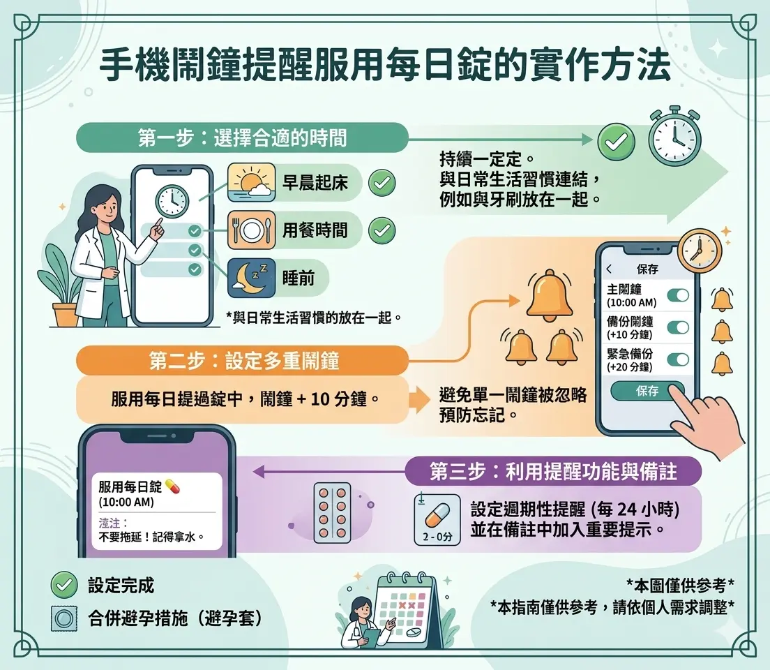 設定手機鬧鐘提醒服用每日錠的實作方法