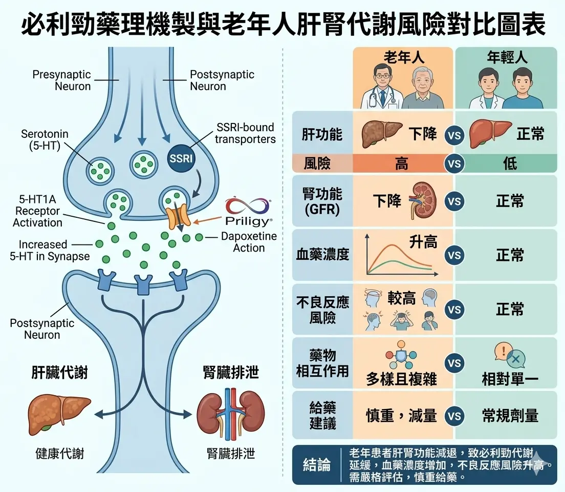 必利勁藥理機製與老年人肝腎代謝風險對比圖表
