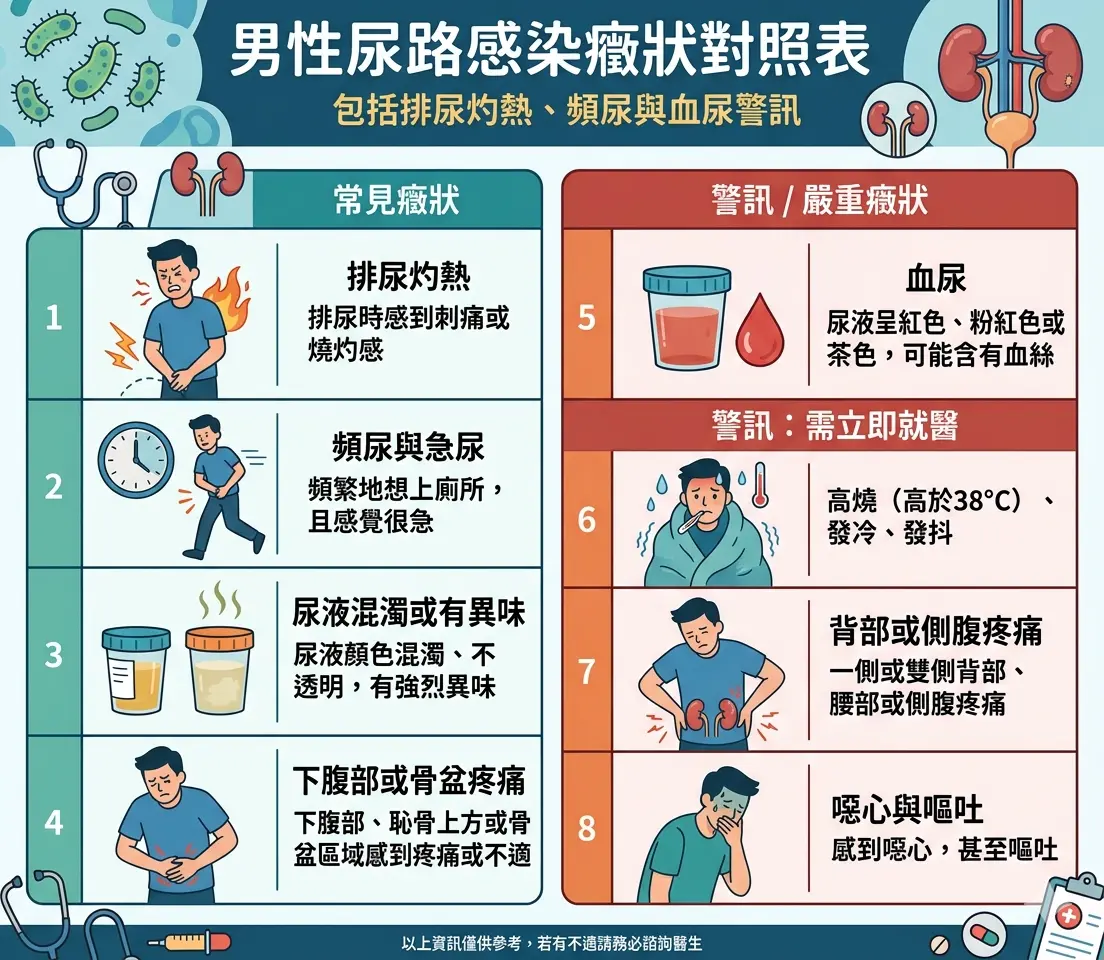 男性尿路感染癥狀對照表包括排尿灼熱頻尿與血尿警訊
