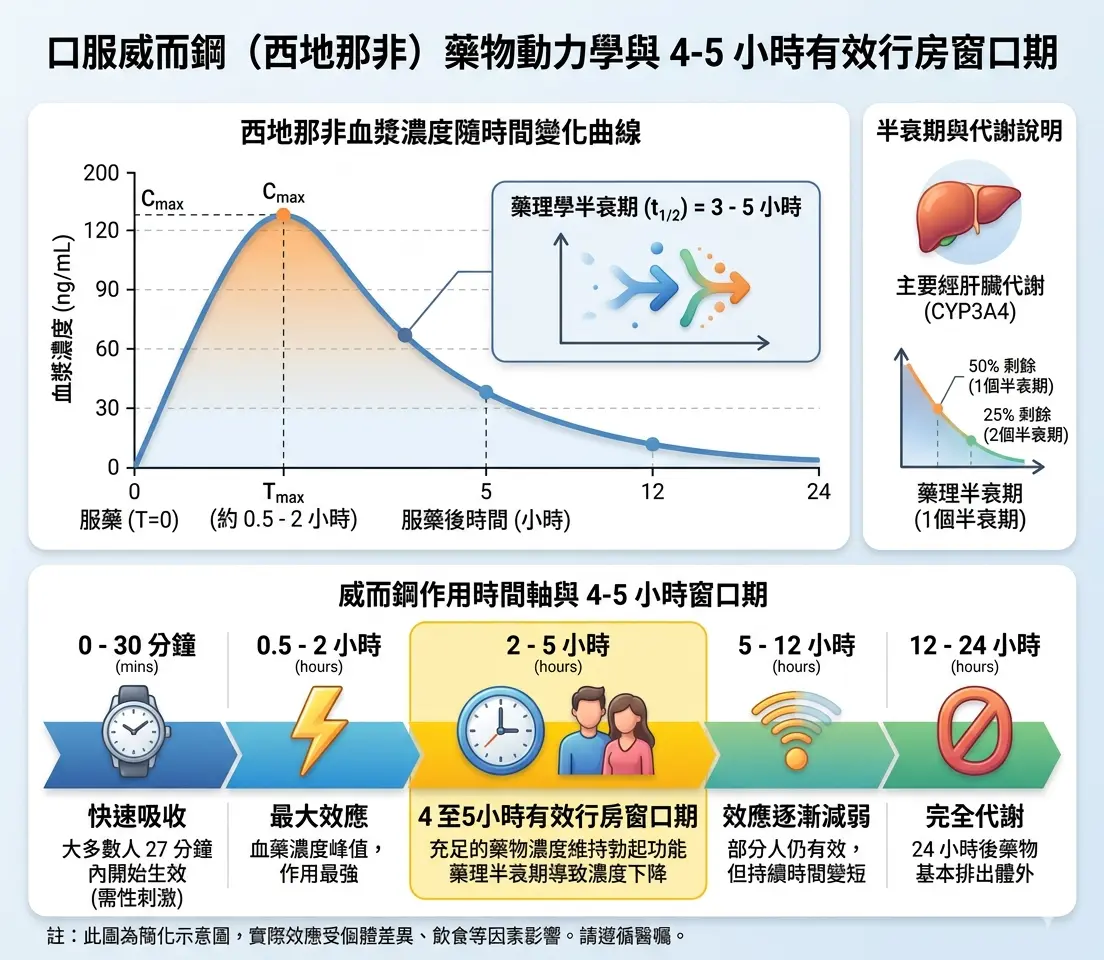 口服威而鋼西地那非後4至5小時有效行房窗口期之藥理學半衰期圖解