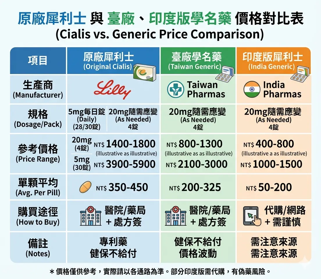 2026原廠犀利士與臺廠學名藥及印度版犀利士安全性法律價格對比表