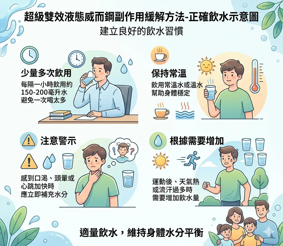 超級雙效液態威而鋼副作用緩解方法-正確飲水示意圖