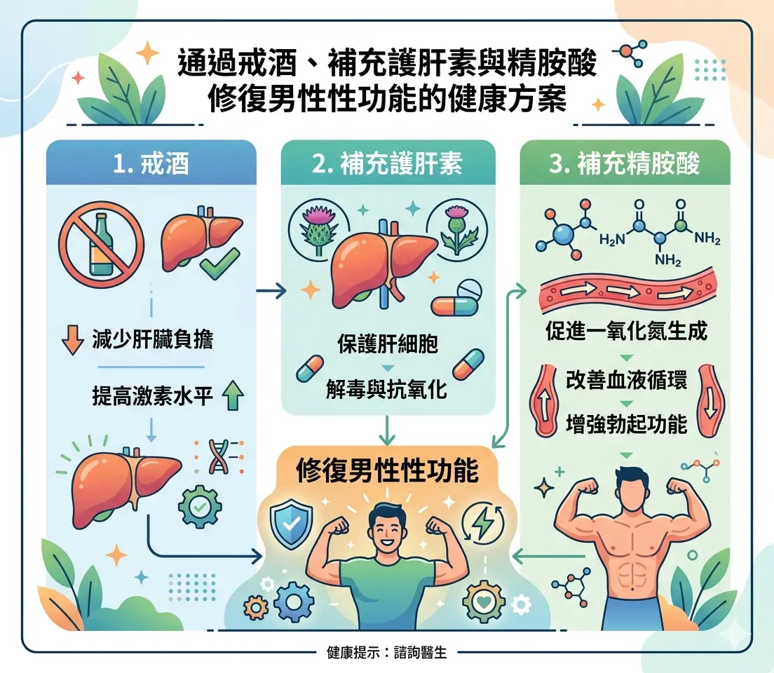 通過戒酒、補充護肝素與精胺酸修復男性性功能的健康方案