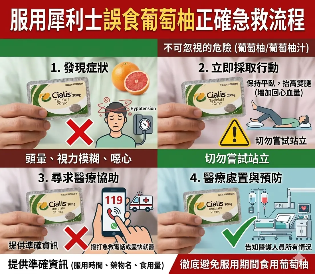 患者因誤食葡萄柚汁配犀利士引發低血壓頭暈不適之正確急救就醫流程
