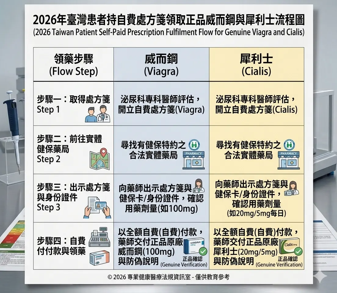 患者持泌尿科自費處方箋至臺灣實體健保藥局領取正品威而鋼與犀利士流程