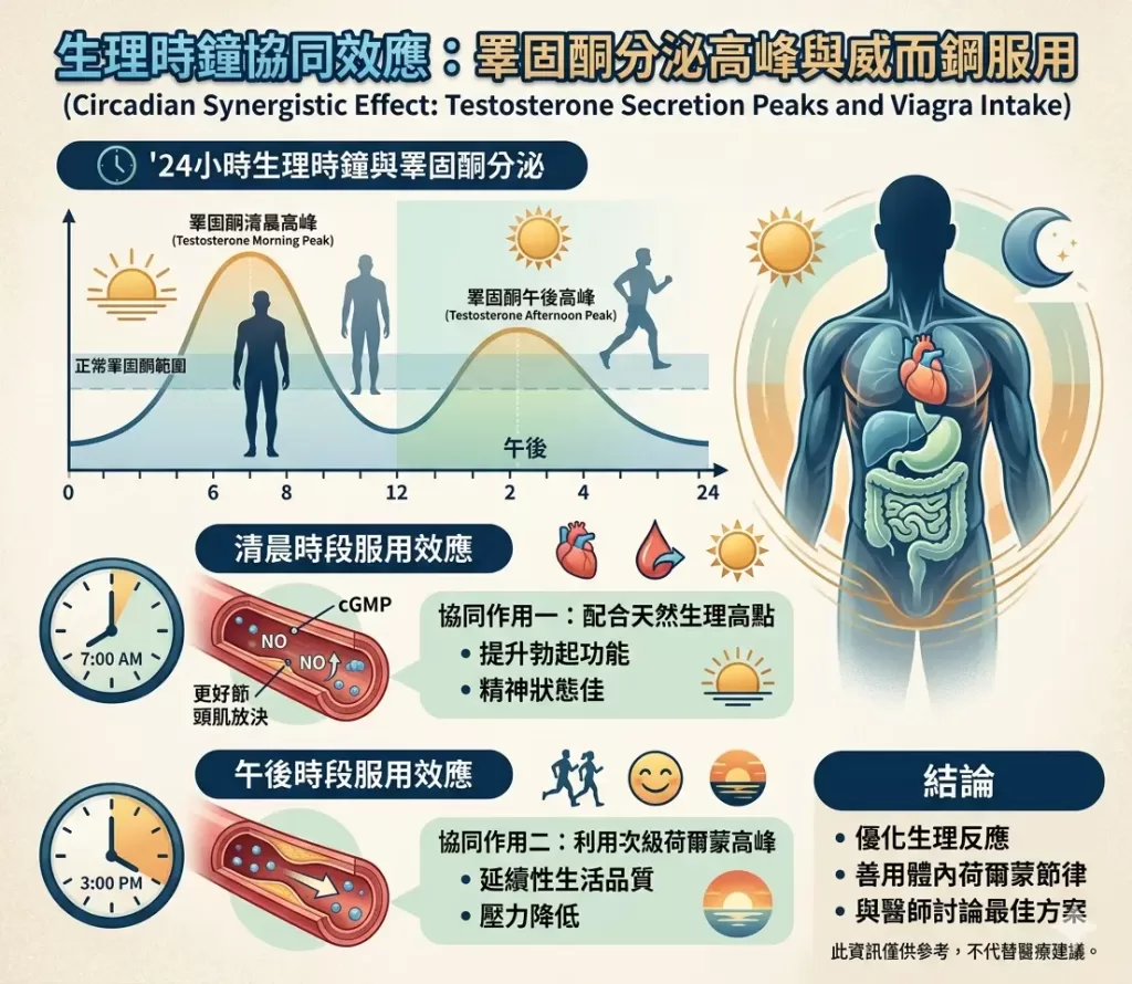 清晨與午後睪固酮分泌高峰期服用威而鋼之生理時鐘協同效應