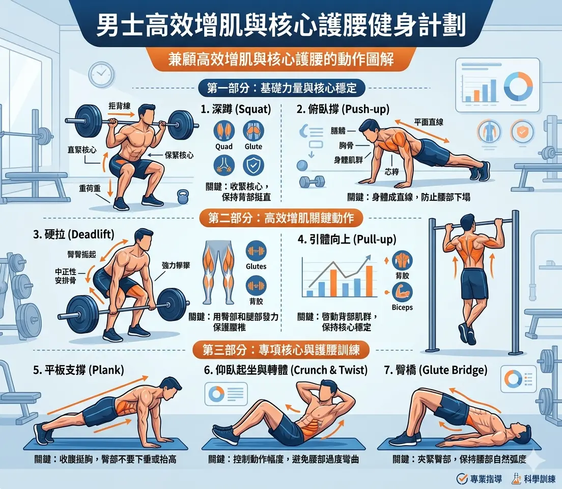 男性適合的健身計劃:兼顧高效增肌與核心護腰的動作圖解