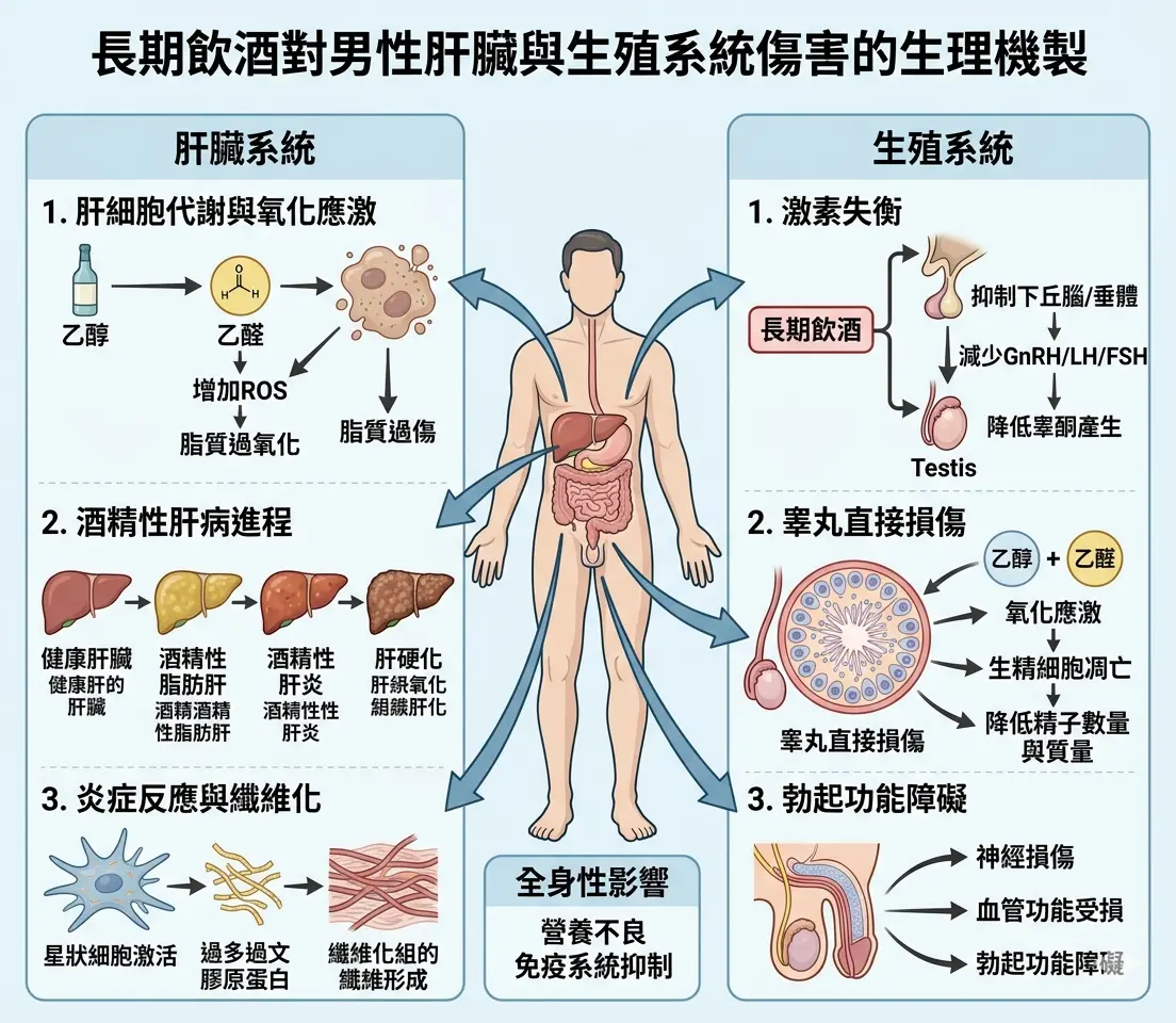 長期飲酒對男性肝臟與生殖系統傷害的生理機製圖解