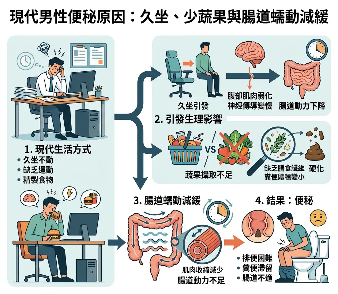 現代男性便秘原因與久坐少蔬果引發腸道蠕動減緩圖解