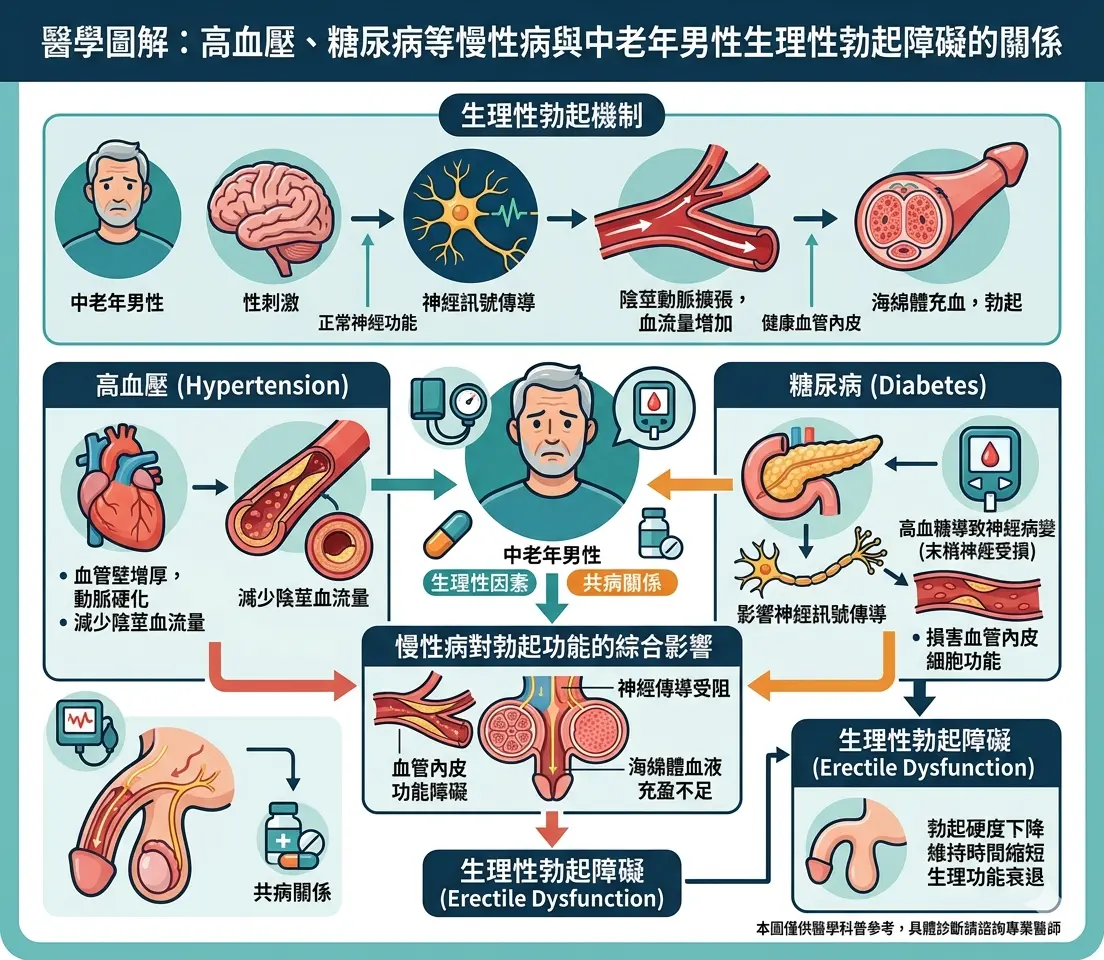 醫學圖解高血壓糖尿病等慢性病與中老年男性生理性勃起障礙關係