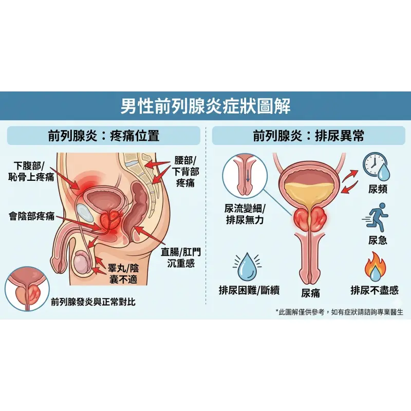 男性前列腺炎症狀圖解-疼痛與排尿異常位置