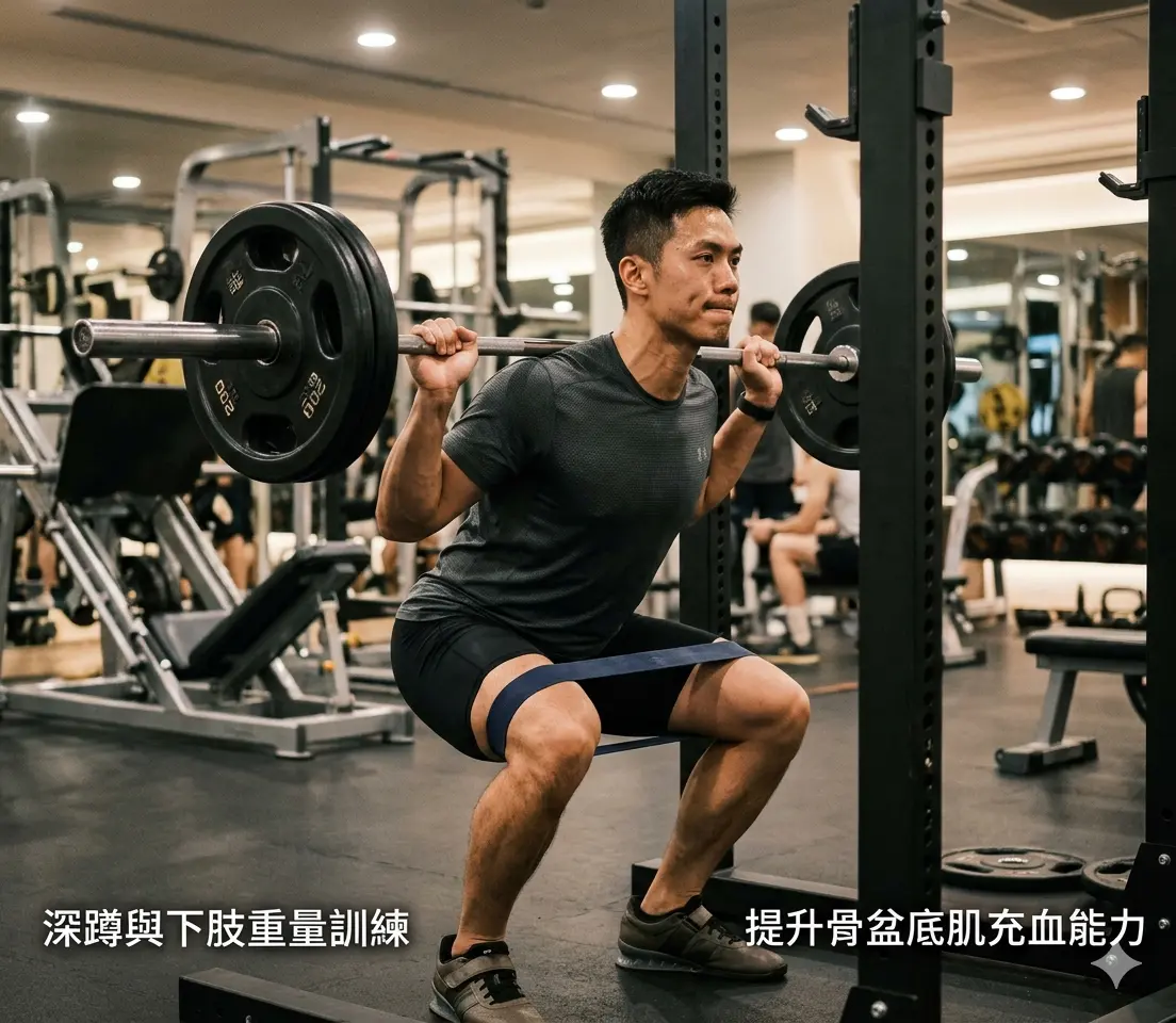 男性進行深蹲與下肢重量訓練以提升骨盆底肌充血能力