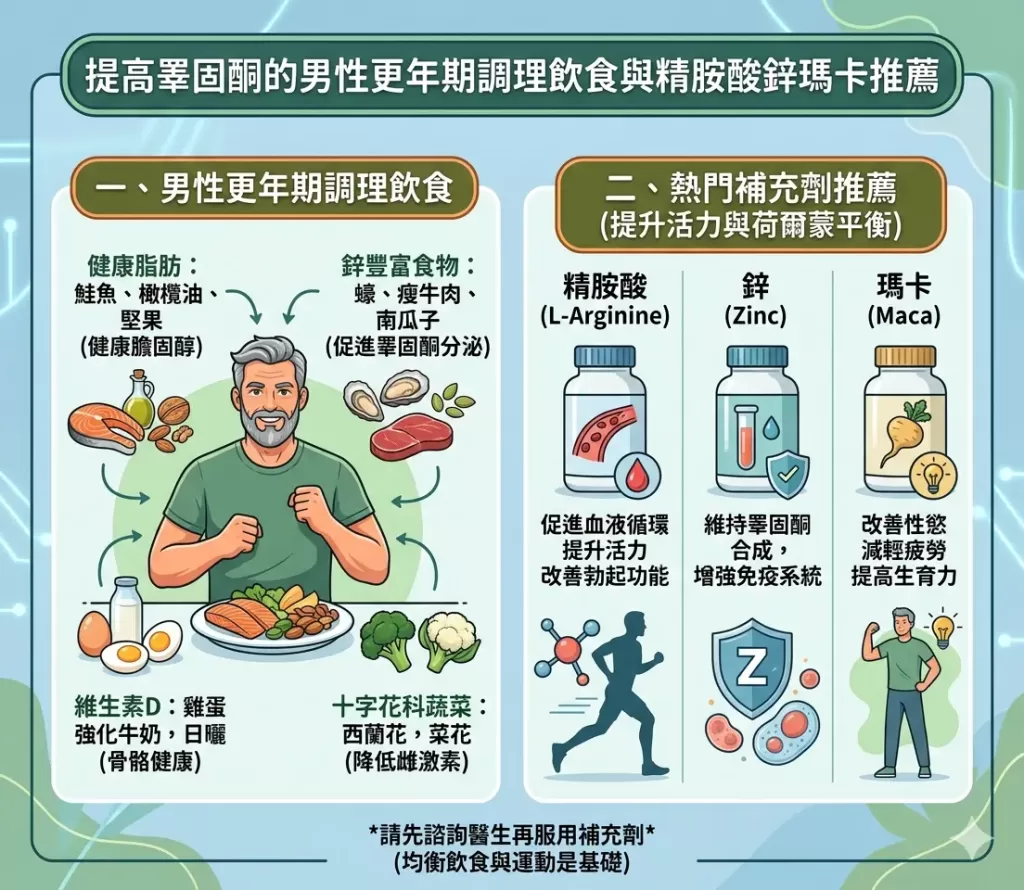 提高睪固酮的男性更年期調理飲食與精胺酸鋅瑪卡推薦
