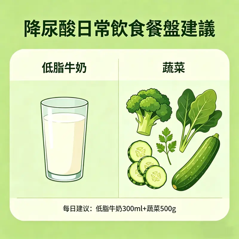 降尿酸日常飲食餐盤建議-低脂牛奶與蔬菜