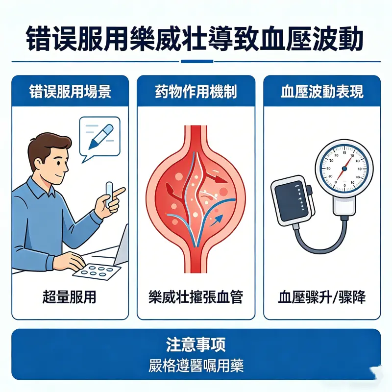 錯誤服用樂威壯導致血壓波動的警示示意圖