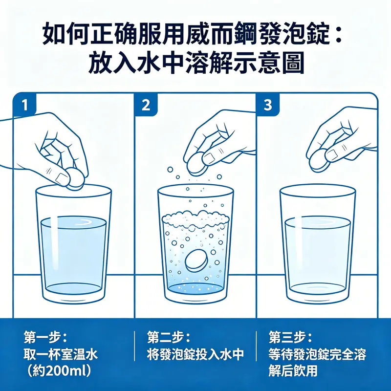 如何正確服用威而鋼發泡錠:放入水中溶解示意圖