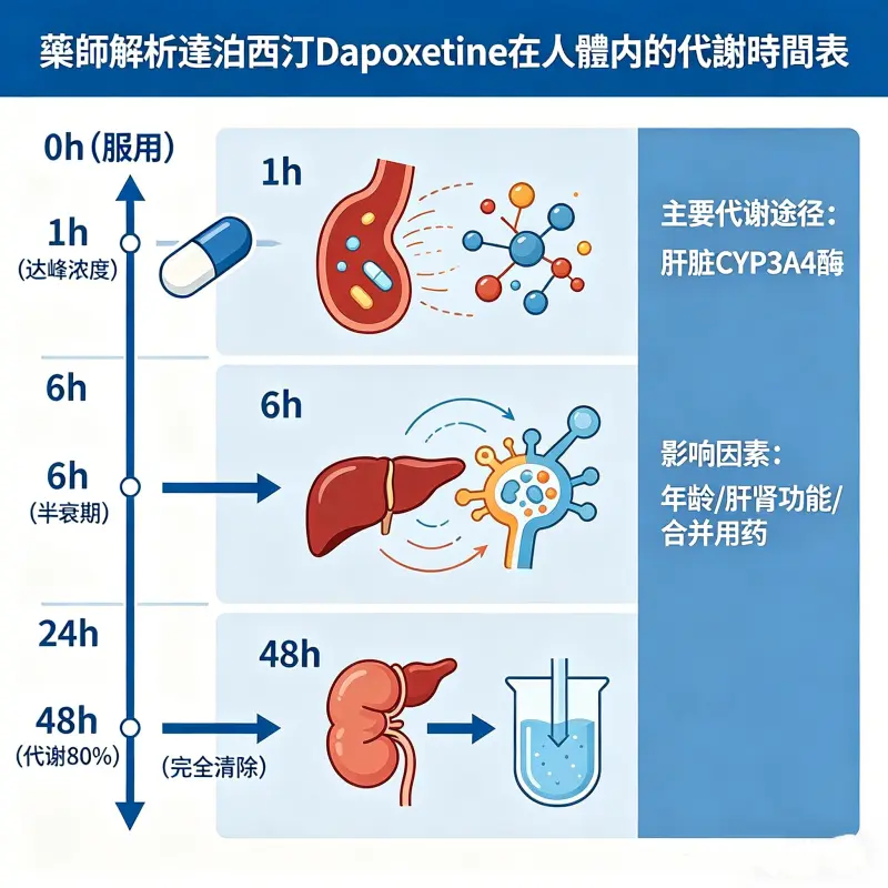 藥師解析達泊西汀Dapoxetine在人體內的代謝時間表