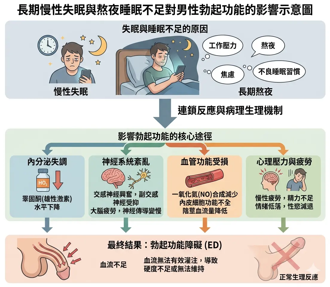 長期慢性失眠與熬夜睡眠不足引發男性勃起功能障礙示意圖