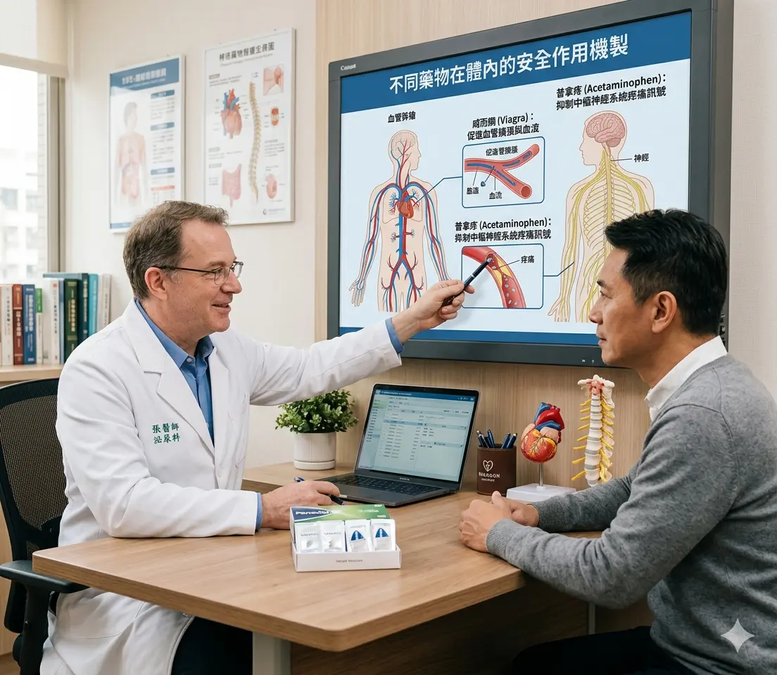 泌尿科醫師向男性患者說明威而鋼與普拿疼等止痛藥物的安全物理緩解機製