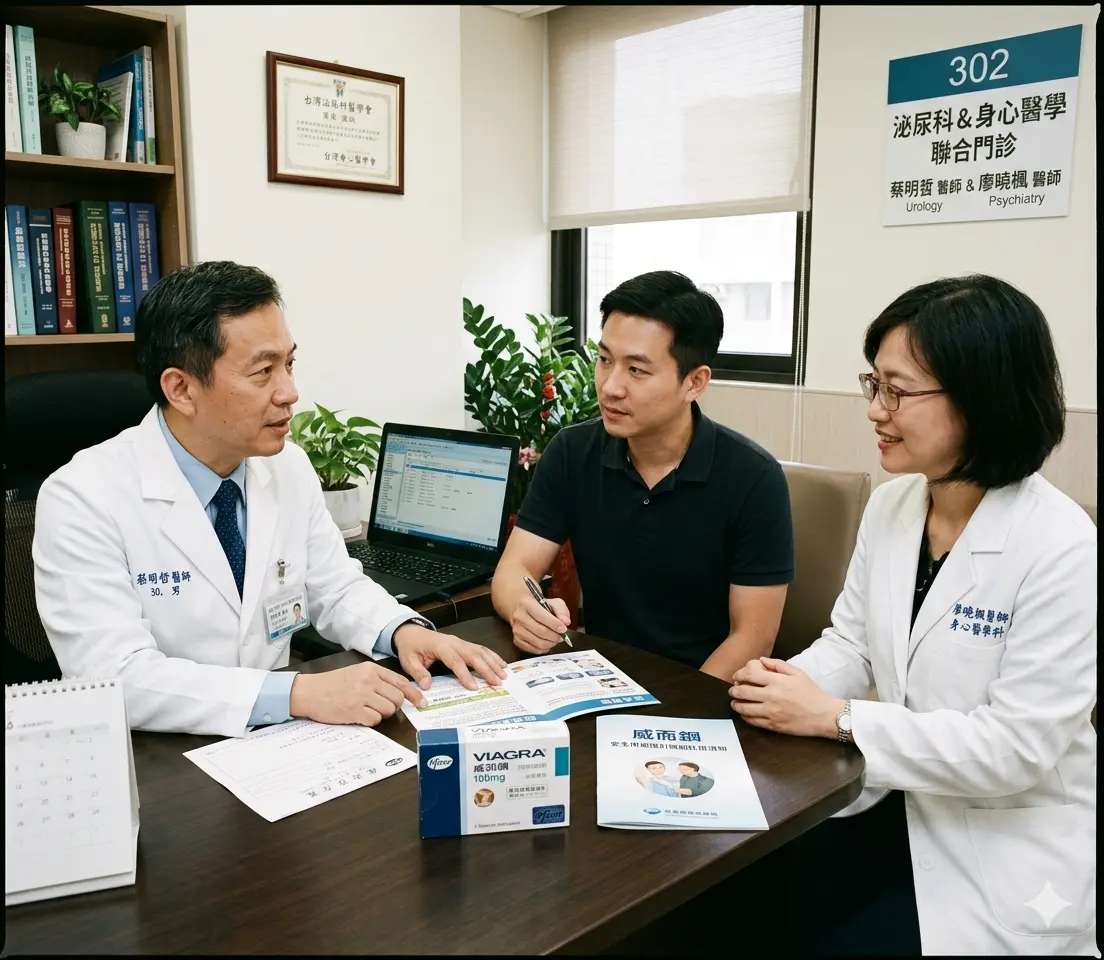 專業男科醫師與身心科專家共同處方正品威而鋼並指導安全用藥避免副作用的門診場景