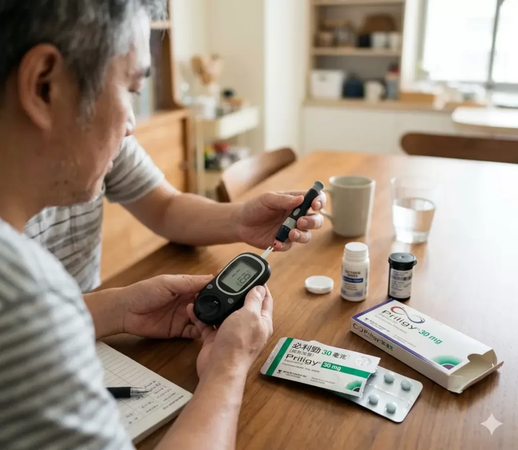 必利勁 Priligy 達泊西汀藥片與糖尿病患者家用血糖機測試血糖
