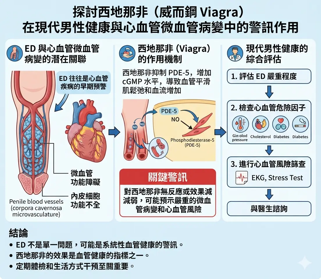 探討西地那非威而鋼Viagra在現代男性健康與心血管微血管病變中的警訊作用示意圖