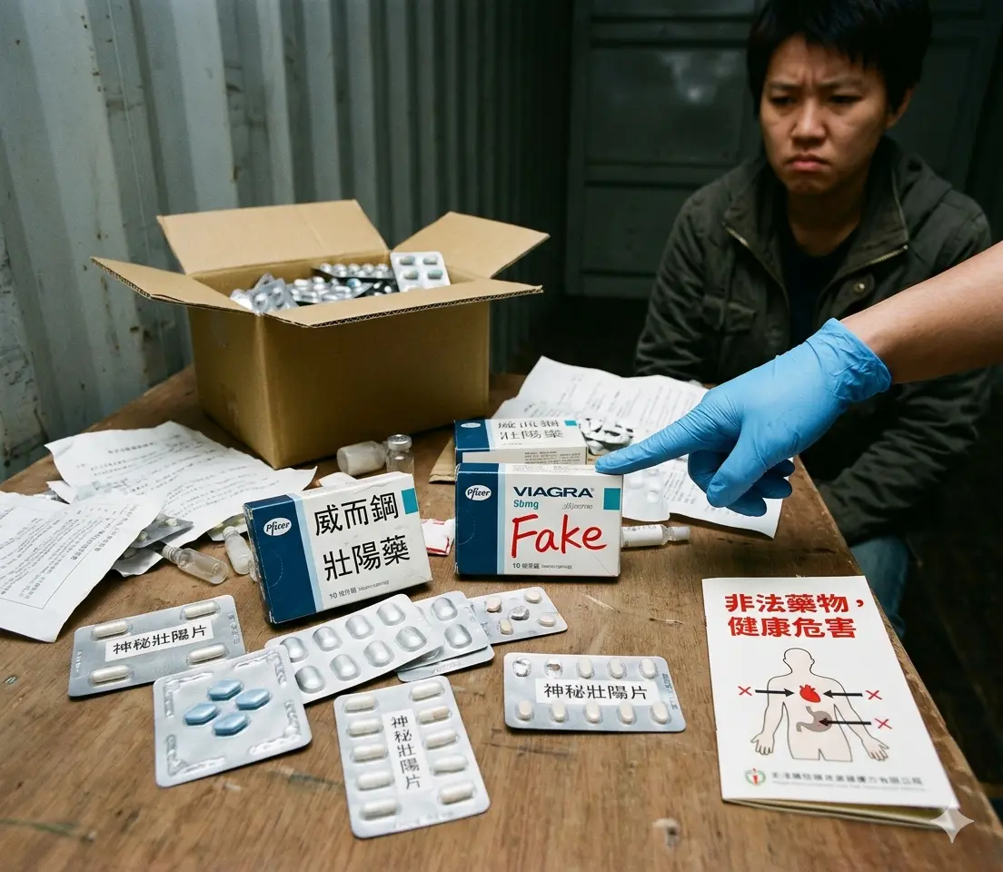 網路上來源不明的假冒威而鋼偽藥包裝與非法管道購買壯陽產品的健康風險