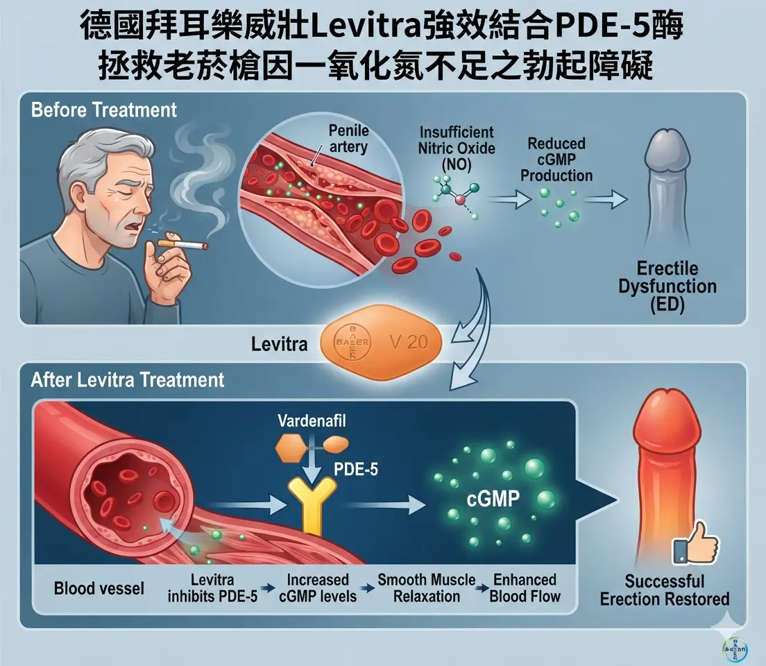 德國拜耳樂威壯Levitra強效結合PDE-5酶拯救老菸槍因一氧化氮不足之勃起障礙