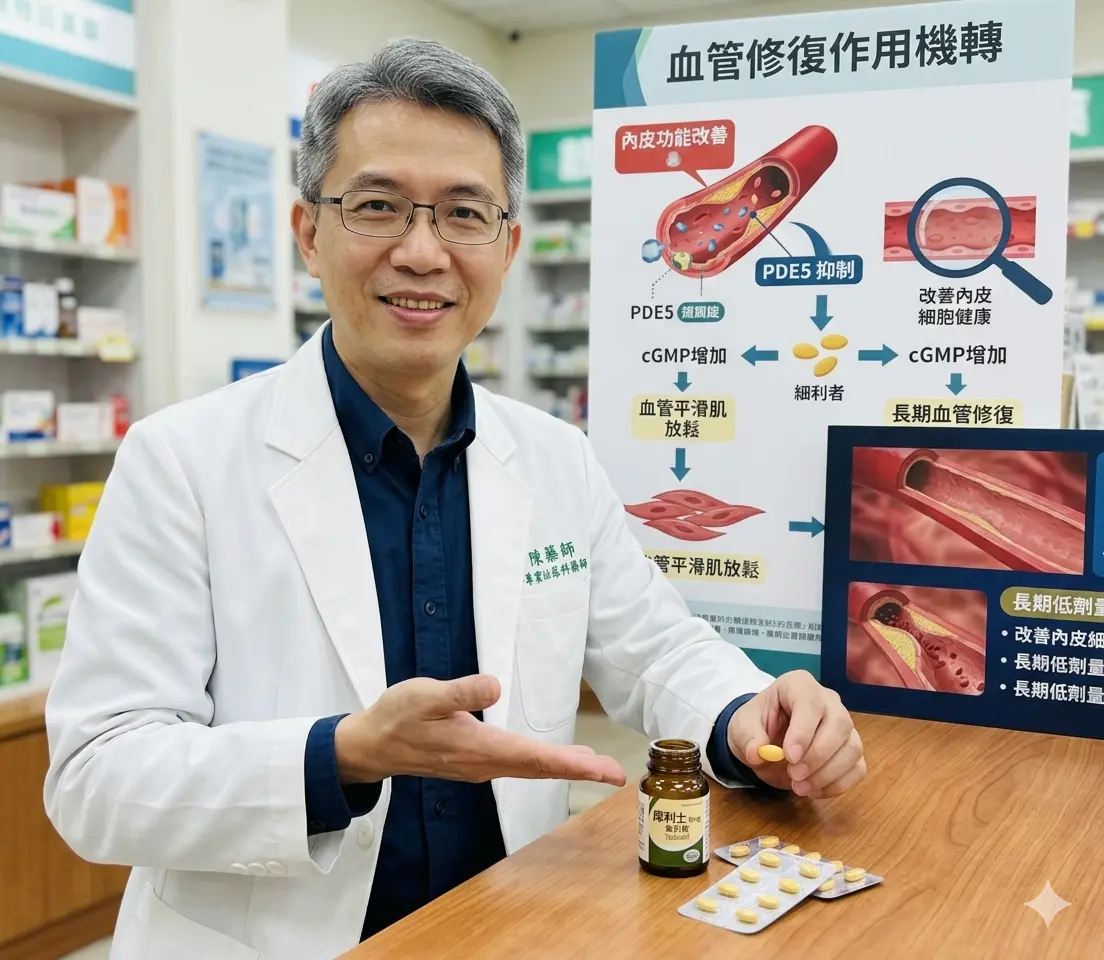 專業泌尿科藥師展示犀利士5mg每日錠並解說長期血管修復的作用機轉