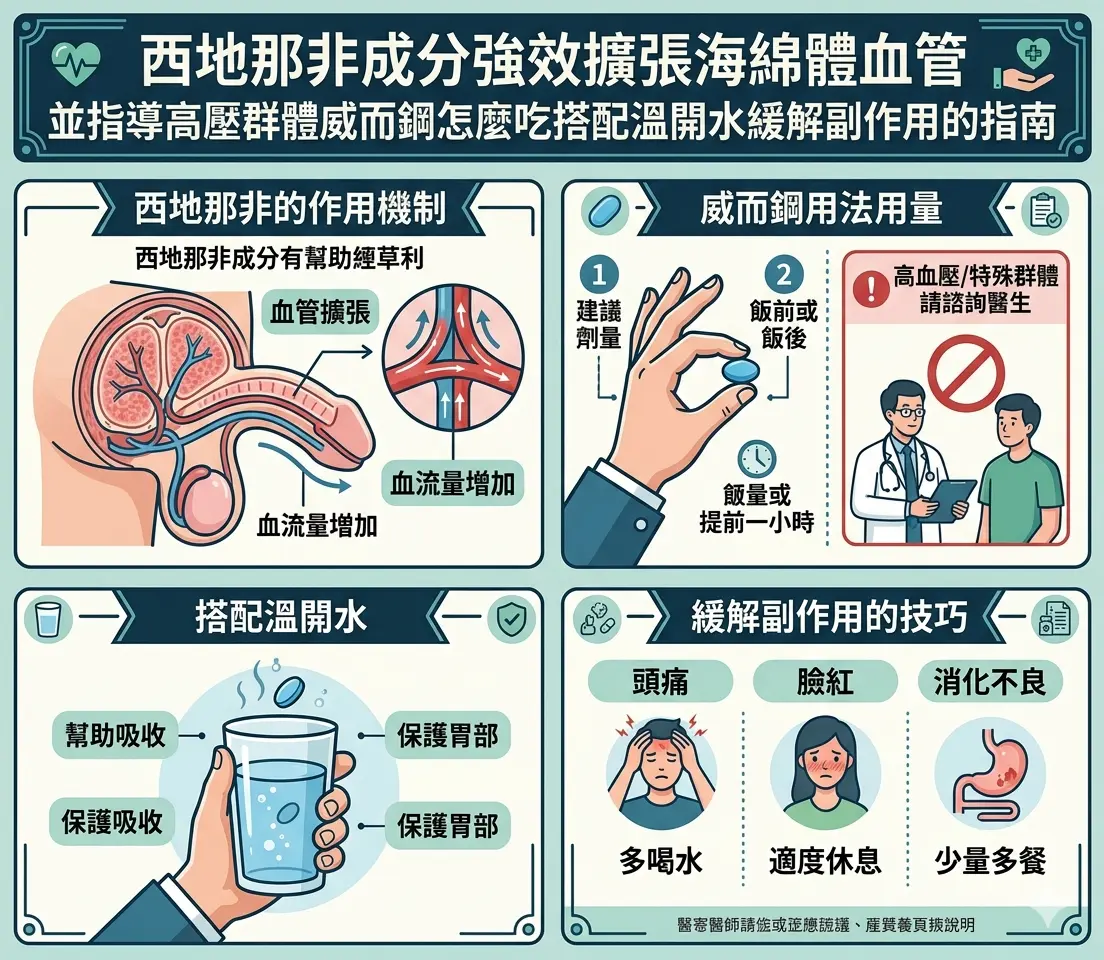 西地那非成分強效擴張海綿體血管並指導高壓群體威而鋼怎麼吃搭配溫開水緩解副作用的指南