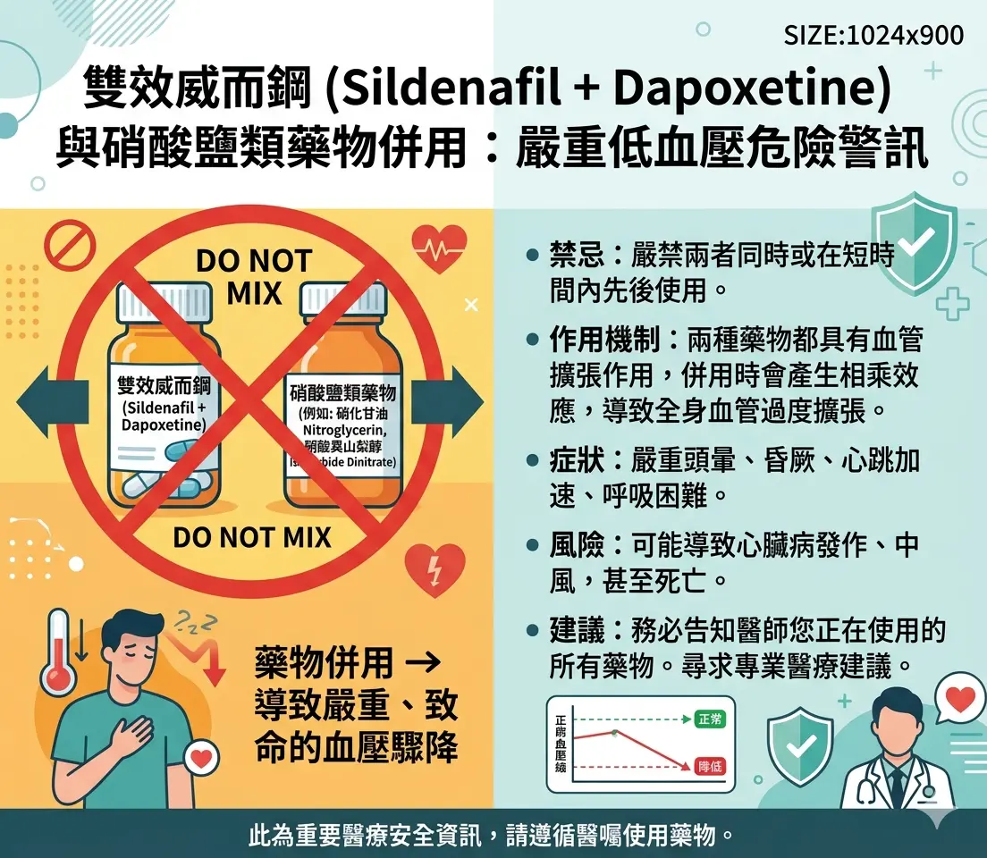 雙效威而鋼與硝酸鹽類藥物併用的低血壓危險警訊