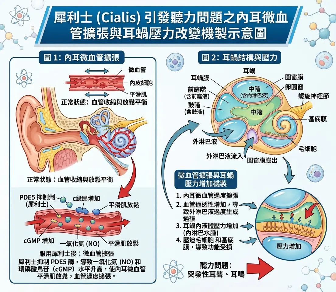 犀利士引發聽力問題之內耳微血管擴張與耳蝸壓力改變機製示意圖