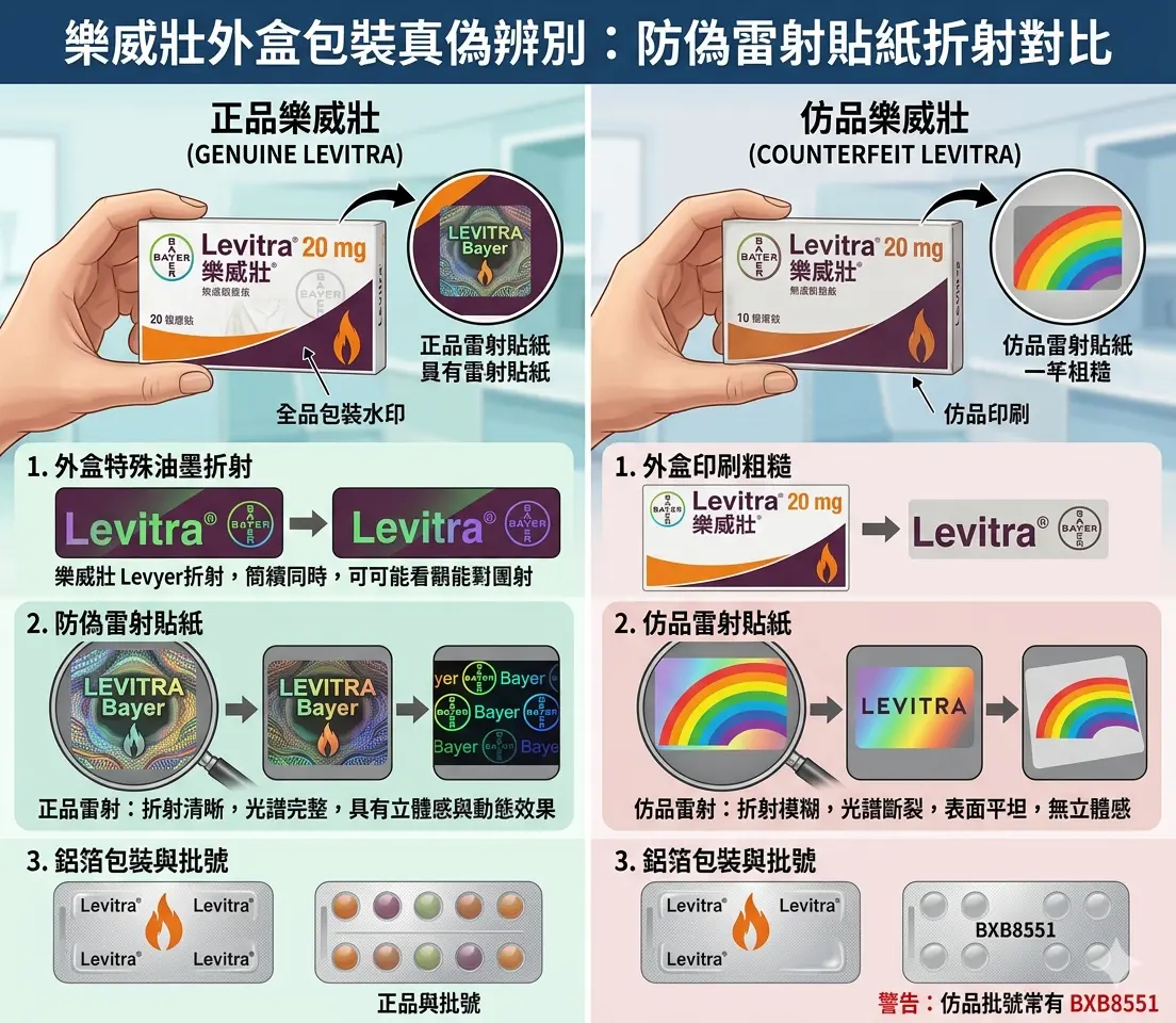 樂威壯如何辨別正品與仿品之外盒包裝防偽雷射貼紙折射對比