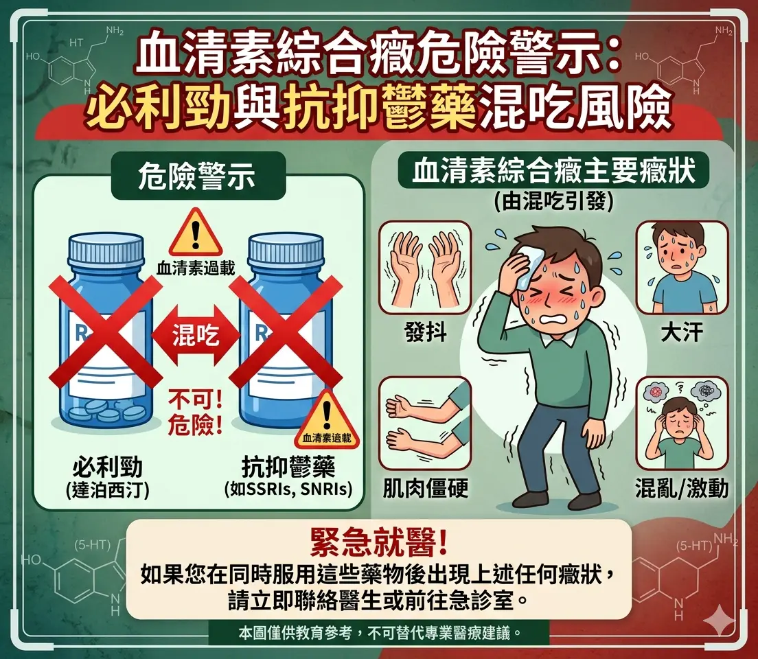 血清素綜合癥引發發抖大汗癥狀與必利勁抗抑鬱藥混吃危險警示圖