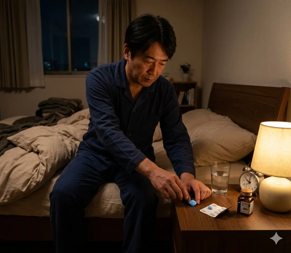 男性在深夜準備入睡時將威而鋼藍色藥丸置於床頭櫃的夜間用藥情境示意圖