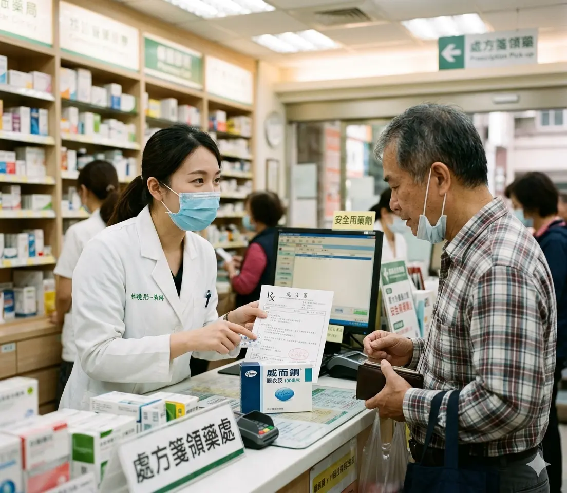 藥師在藥局櫃檯前為男性患者核對正品威而鋼處方箋並說明安全用藥劑量